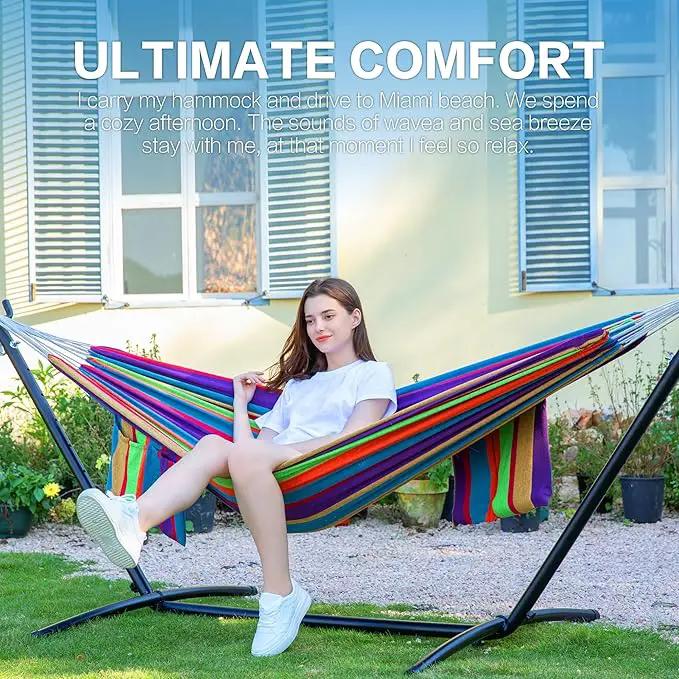 PNAEUT Double Hammocks with Stand for Outside, Portable Space Saving Heavy-Duty Steel Stand for Indoor Outdoor Patio with Carrying Bag, 450 lbs Capacity (Tropical) by GreenHaven Gardens
