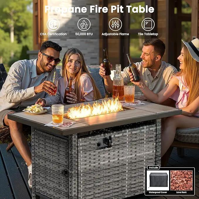 ovios 6 Pieces Patio Furniture Set with 42" Fire Pit Table, Outdoor Wicker Sofa with Comfy Cushions, All Weather High Back Rattan Couch Conversation Set, Black by GreenHaven Gardens