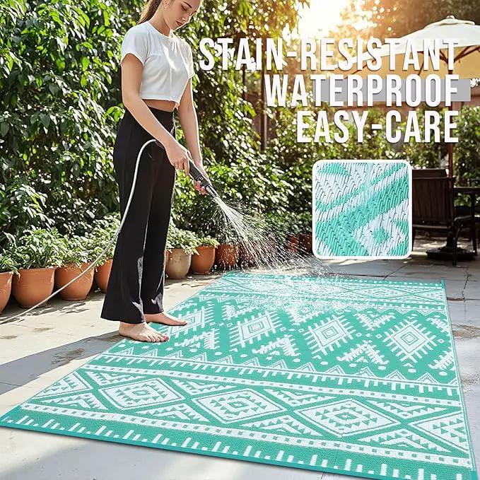 OLANLY Outdoor Rug Waterproof 9x18 ft, Reversible Outdoor Plastic Straw Rug, Boho Patio Rug, Indoor Outdoor Carpet, RV Mat Outside for Patio, Camp, Picnic, Balcony, Deck, Backyard, Turquoise & White by GreenHaven Gardens