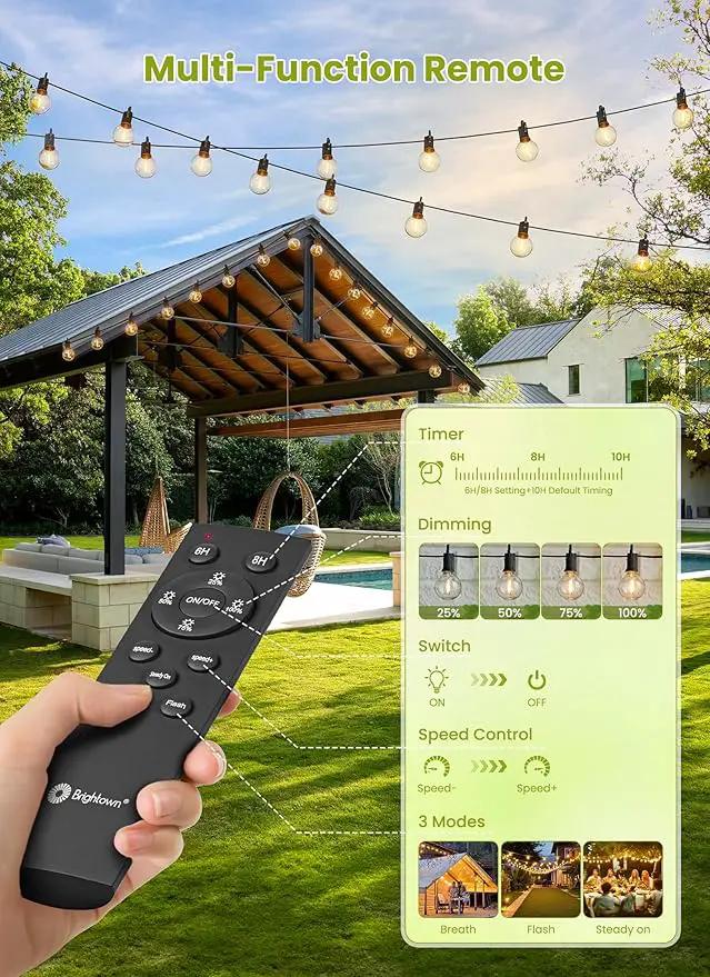 Brightown Solar String Lights Outdoor Waterproof with Remote Cable Ties and Hooks, 38FT Patio Lights with 15 LED Shatterproof Bulbs, 3 Light Modes, Dimmable Hanging Lights for Backyard Party Decor by GreenHaven Gardens