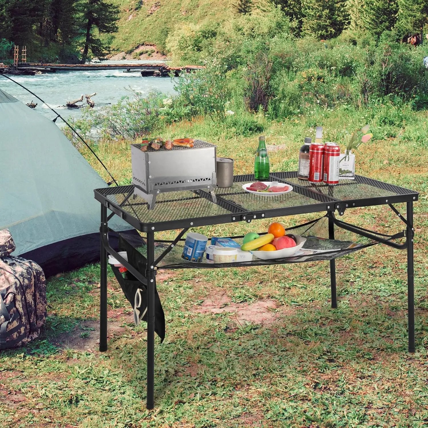 REDCAMP 48x24 Long Folding Grill Table for Outside, Lightweight Portable Double Layer Metal Aluminum Outdoor Grill Table with Adjustable Height Legs, Great for Camping Picnic Cooking BBQ, Black 4ft by GreenHaven Gardens