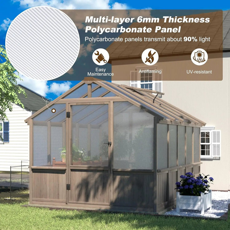 MUPATER 8 x 10FT Wooden Greenhouse with 6mm Polycarbonate Panels for UV Protection and Heat Insulation, Adjustable Ventilated Window & Lockable Door, Walk-in Greenhouse for Outdoors, Patio, Backyard by GreenHaven Gardens