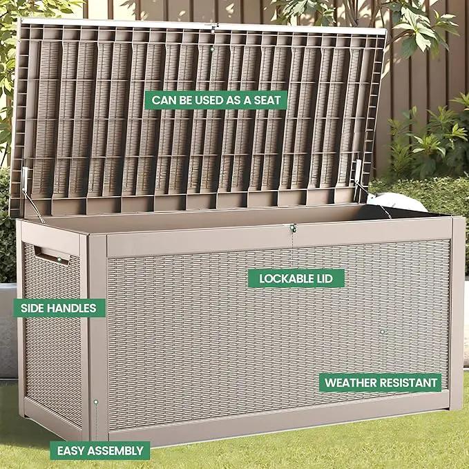 260 Gallon Storage Box, Waterproof Resin Deck Box with Steel Support & Hydraulic Rod, Lockable Storage Bench for Indoor & Outdoor Use, Storage Bin for Patio Cushions, Garden Tools, Grey by GreenHaven Gardens
