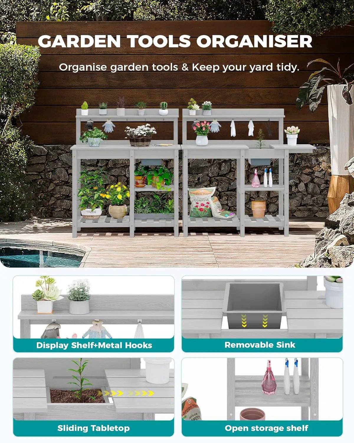 SERWALL Potting Bench Outdoor Potting Table with Sink, HDPE Potting Benches for Outside Gardening Table All Weather Use- Spanish Gray by GreenHaven Gardens