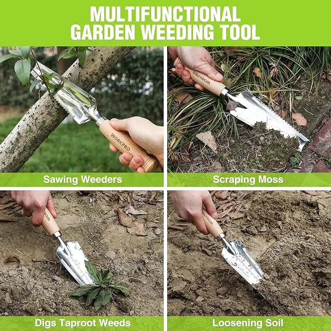 WORKPRO 12.5" Weeder Puller Tool with Wood Handle, 4-in-1 Polished Stainless Steel Garden Trowel, Hori Hori Garden Knife for Easy Weeder Removal, Planting, Weeding, Small Gardening Hand Tools by GreenHaven Gardens