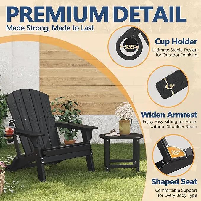 Folding Adirondack Chair Set of 2 with Cup Holder, HDPE All Weather Resistant Plastic Outdoor Patio Chairs, Heavy Duty Fire Pit Seating for Backyard Lawn Garden, Wooden Textured Design(Black)(Black) by GreenHaven Gardens