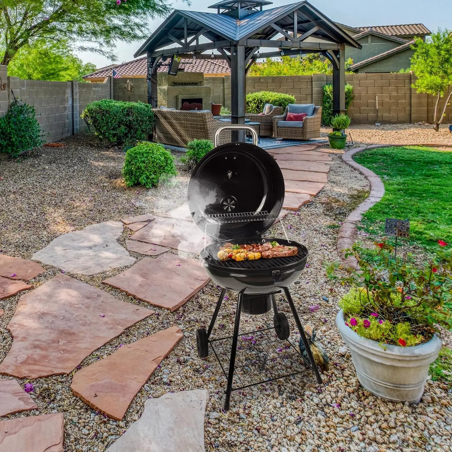 Grill Boss Charcoal Kettle Grill with Large 22-Inch Cooking Area - Includes Warming Rack, Bottom Storage Shelf, Ash Catcher & Wheels for Outdoor BBQ, Tailgating, Camping & Backyard Grilling by GreenHaven Gardens