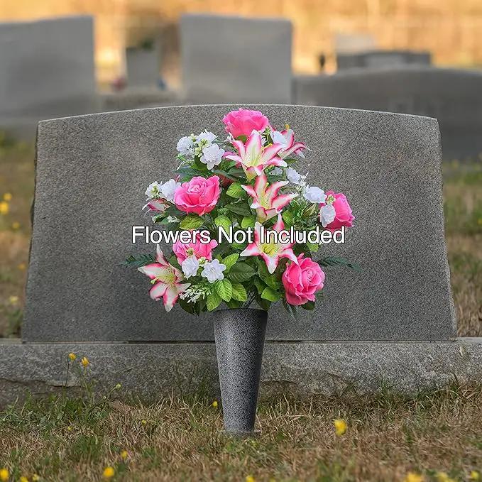 Cemetery Vase with Stakes-Plastic Flower Vases with 2 Ground Spikes, Draining Holes - for Garden, Lawn, Yard - Memorial Grave Decorations 12.7x3.4.x3.9, Black Granite Design by GreenHaven Gardens