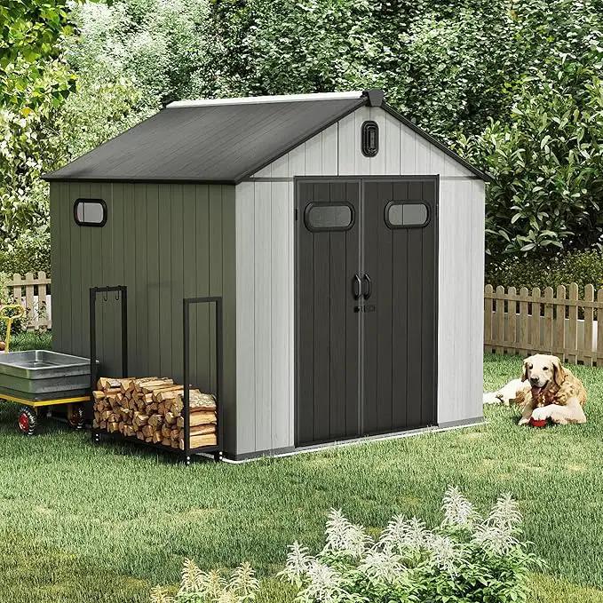 Domi 8x8FT Outdoor Resin Storage Shed with Transparent Windows & Louvered Vents, Plastic Tool Shed with Double Lockable Doors & Gable Roof, Outside Garden Shed for Backyard, Patio, Lawn, Grey by GreenHaven Gardens