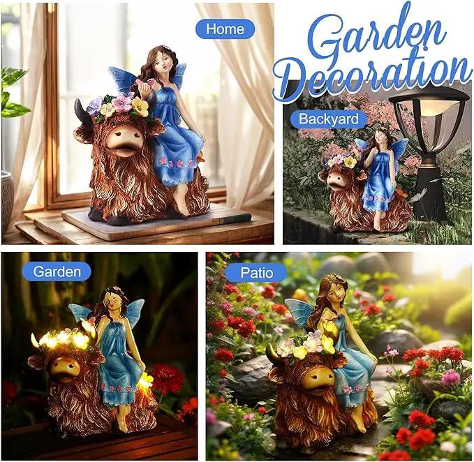 Solar Angel Garden Statue - Garden Fairy Sitting on a Highland Cow with Flowers, Butterflies and 5 LED Lights - Decorate Table, Terrace, Lawn, Birthdays, Grandma, mom by GreenHaven Gardens