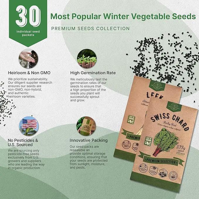 Organo Republic 30 Most Popular Winter Vegetable Garden Seeds Variety Pack- Outdoors/Indoor 33,200+ Non-GMO Heirloom Veggie Seeds Broccoli Beet Carrot Cabbage Chives Lettuce Radish Pea Spinach & More by GreenHaven Gardens