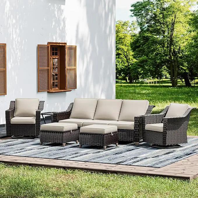 Joyside Wicker Patio Furniture Sets, 6 Pieces Upgraded Large Size Outdoor Furniture with Swivel Rocking Patio Chairs, Outdoor Ottoman, 3-Seat Sofa and Side Table, Thick Cushions, Wide Armrest by GreenHaven Gardens