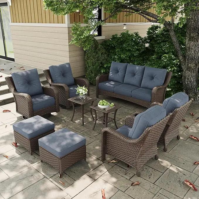 9 Pieces Outdoor Patio Furniture Sets with Rocking Swivel Chairs with 6-inch Thick Cushion and Side Table for Deck Lawn by GreenHaven Gardens