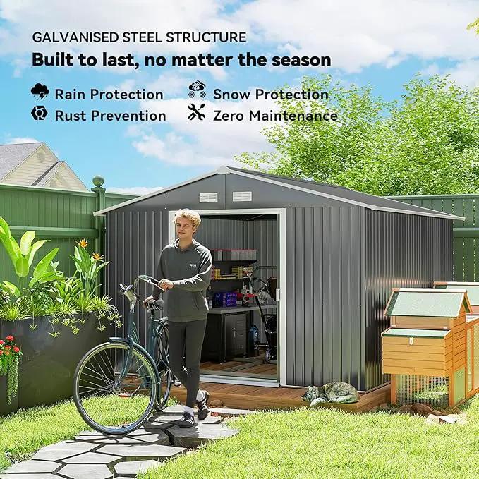 Outsunny 11' x 9' Outdoor Storage Shed, Garden Tool Metal Shed with Foundation Kit, Double Lockable Door, Air Vents and Sloping Roof, for Backyard, Patio, Lawn, Gray by GreenHaven Gardens