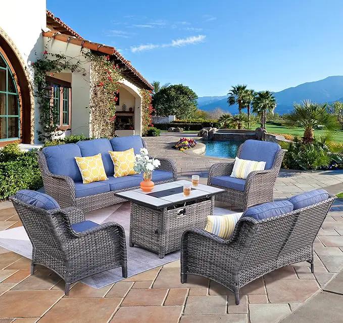 ovios 5 Pieces Patio Furniture Set with 42" Fire Pit Table, Outdoor Wicker Sofa with Loveseat, Comfy Cushions, High Back Couch Conversation Set, Grey Rattan, Denim Blue by GreenHaven Gardens