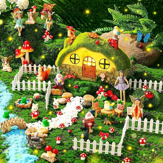 Suzile 50 Pcs Solar Fairy House Garden Accessories Light up Flocked Fairy House Garden Kit Green Resin Miniature Mushroom Figures Micro Landscape Ornament(Stone House) by GreenHaven Gardens