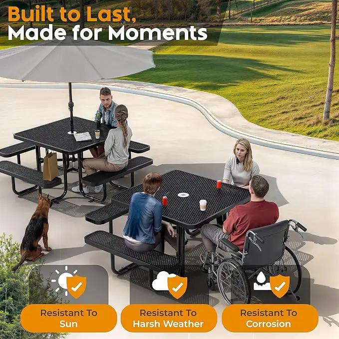 Metal Picnic Tables for Outdoors with Umbrella Hole - Coated Steel Heavy Duty Commercial Grade Table with Adjustable Seats (Black, 46 in, Square, Expanded Steel) by GreenHaven Gardens