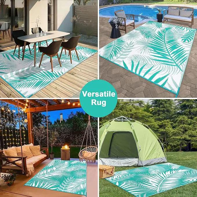 Outdoor Rug 8'x10' Waterproof for Patios Clearance, Reversible Outdoor Plastic Straw Rug Camping Carpet, Outside Floor Mats Large Area Rugs for RV,Patio,Deck,Porch, Beach,Balcony,Teal&White by GreenHaven Gardens