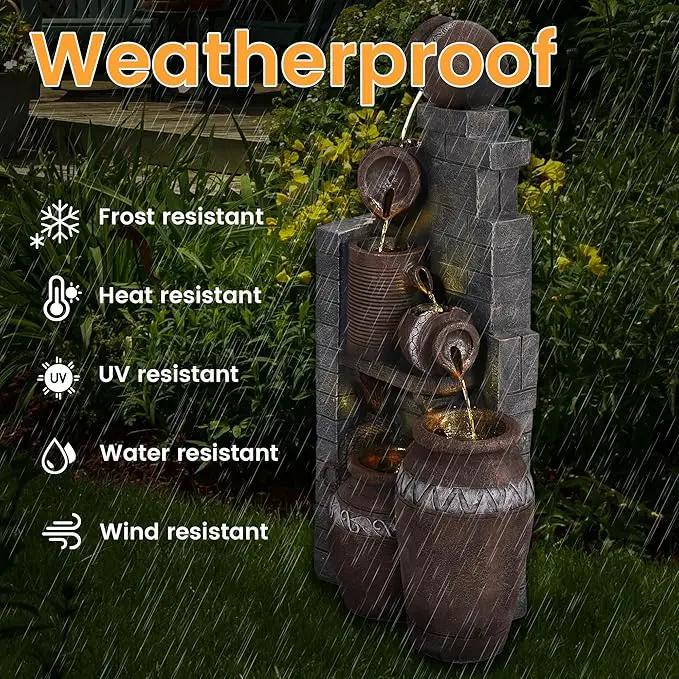 6-Tiers Garden Waterfall Fountain Outdoor - 40''H Water Fountains and Waterfalls, Large Outdoor/Indoor Floor Standing Resin Water Fountain with LED Light for Patio, Garden and Home (Grey) by GreenHaven Gardens