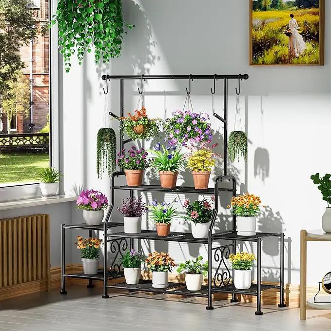 GIOTORENT 3-Tier Tall Metal Plant Stand Indoor Outdoor - Heavy Duty Plant Shelf for Garden, Patio, Balcony with 5 Hanging Hooks, Holds 16-25 Plants, Black by GreenHaven Gardens