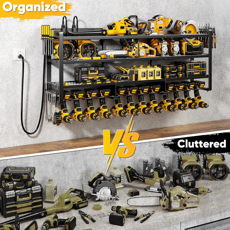 49.5" W Large Power Tool Organizer Wall Mount with Charging Station, 4-Tier Heavy Duty12 Cordless Drills Holder Load 600 lb, Tool Battery Storage Rack Built in 8 Outlet Power Strip for Garage by GreenHaven Gardens