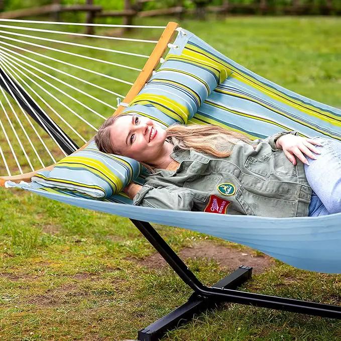 SUNCREAT Portable Outdoor Hammock with Stand Included, Double Hammock with Stand for Outside, Yellow Blue by GreenHaven Gardens
