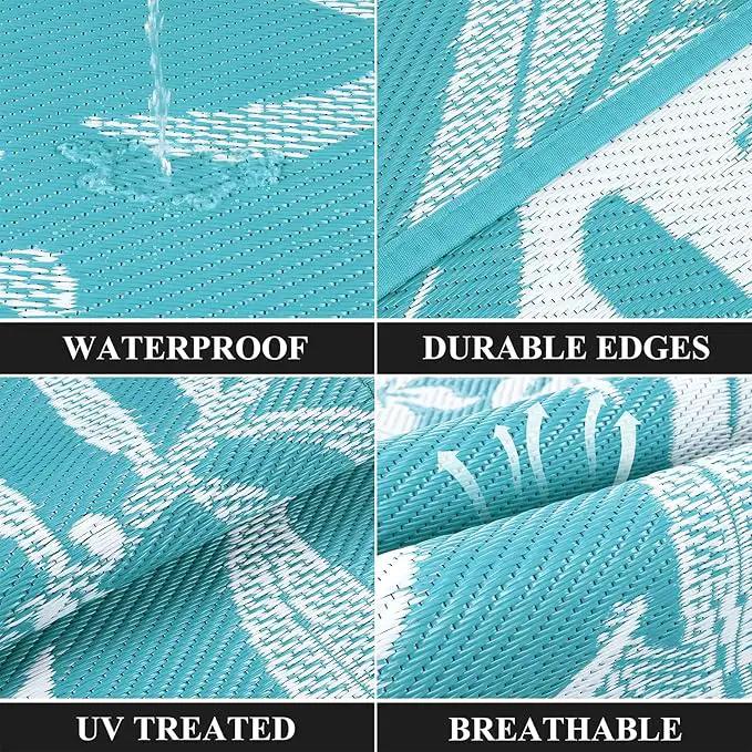 Pauwer Waterproof Outdoor Rug 9x12, Reversible Plastic Straw Patio Camping Rug, Indoor Outdoor RV Mat Carpet for Deck, Camper, Porch, Balcony, Backyard, Picnic, Floral Teal by GreenHaven Gardens