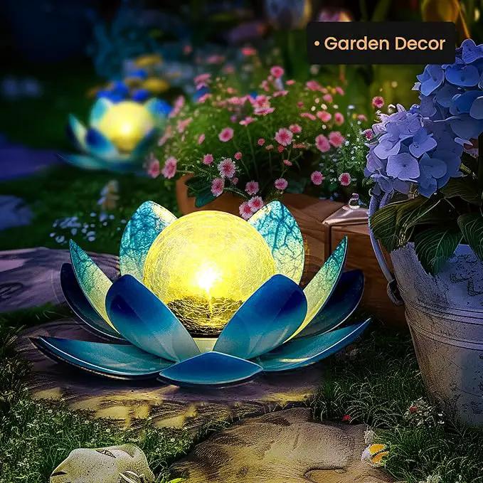 GIGALUMI Solar Light Outdoor Garden Decor, Lotus Flower Light Crackle Globe Glass Lantern Outdoor Table Decor Waterproof for Patio, Lawn, Pathway, Pool, Pond, Christmas Gift (Blue Petal) by GreenHaven Gardens