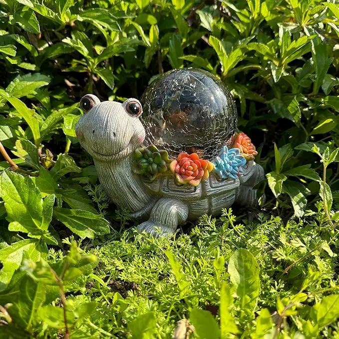 Solar Turtle Statue Garden Decor with Succulent Cracked Glass LED Lights Outdoor Decor Tortoise Figurines for Yard Lawn Balcony Patio Mom Decorations Women Birthday Housewarming Gifts by GreenHaven Gardens