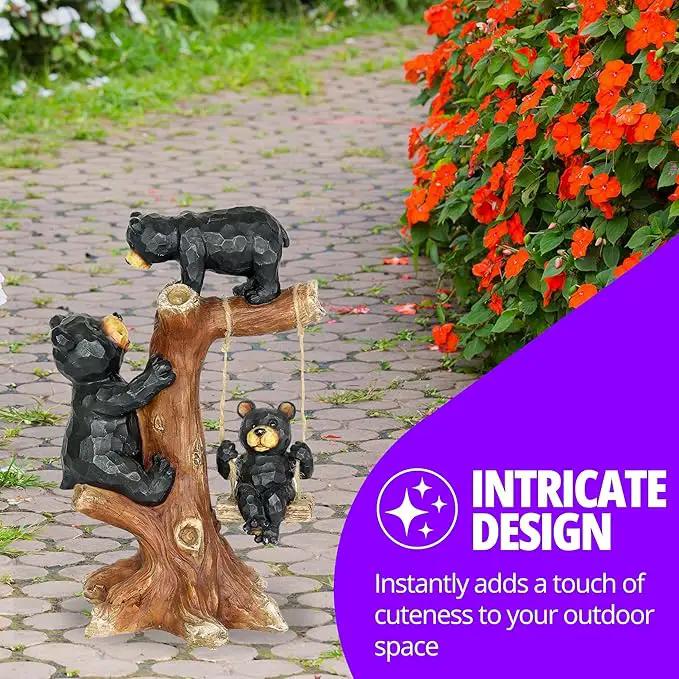 Exhart Garden Sculpture, Bear Family Tree Garden Statue with Real Swing, Outdoor Lawn and Yard Art Decoration, 9 x 6.5 x 14 Inch by GreenHaven Gardens
