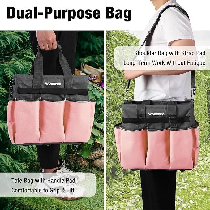 WORKPRO Garden Tool Bag, Heavy Duty Gardening Tote Bag Organizer with 10 Pockets and Long Adjustable Shoulder Strap, Standable Garden Home Tool Kits Organizer, Pink by GreenHaven Gardens