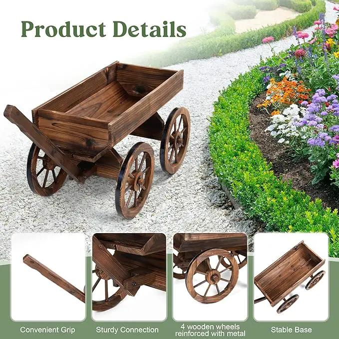 Wood Wagon Planter for Outdoor Balcony Decor - Garden Rustic Wooden Flower Cart with Wheels for Outside Garden Decor Wheelbarrow Planter for Patio by GreenHaven Gardens
