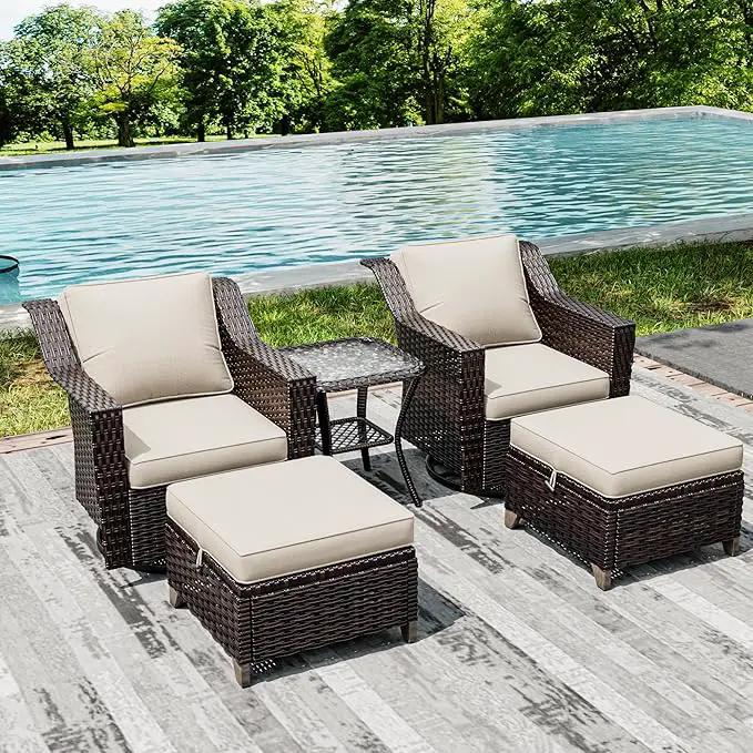 Joyside Wicker Patio Furniture Sets, 5 Pieces Upgraded Large Size Outdoor Furniture with Swivel Rocking Patio Chairs, Outdoor Ottoman and Side Table, Thick Cushions, Wide Armrest by GreenHaven Gardens