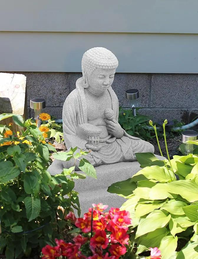 EMSCO Group Meditating Buddha Statue – Natural Granite Appearance – Made of Resin – Lightweight – 24” Height by GreenHaven Gardens