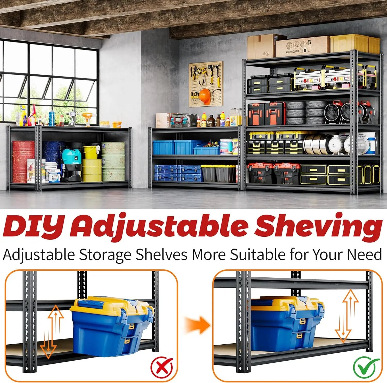 48"W Garage Shelving, 3050LBS Storage Shelves heavy duty, 5 Tier Metal Shelving Unit Adjustable Garage Shelves Heavy Duty Shelving for Warehouse,Commercial, Kitchen, 48" W × 18" D × 72" H, Black by GreenHaven Gardens