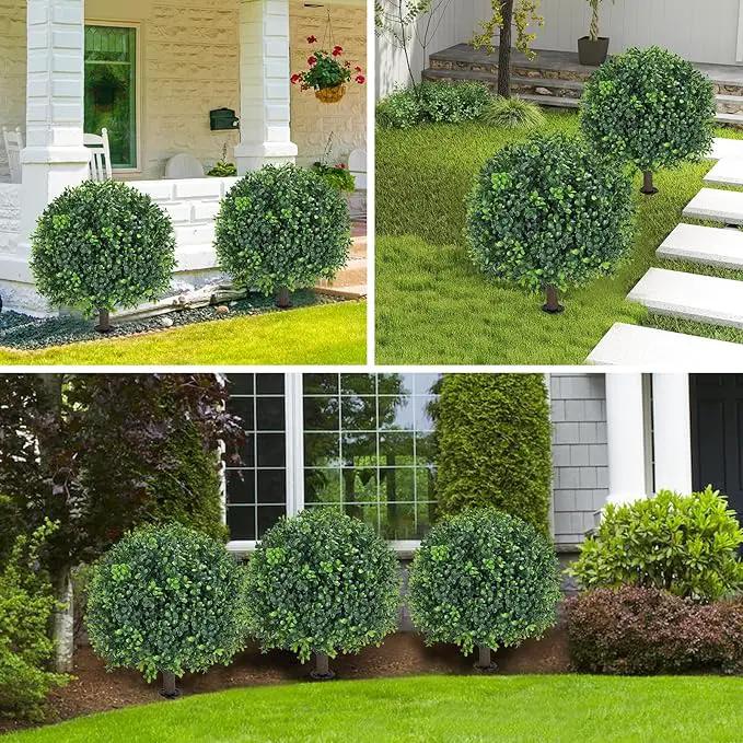 Artificial Boxwood Topiary Ball Tree 24" with Ground Spike, Set of 2 Artificial Boxwood Bushes for Faux Shrubs, Fake Evergreen Faux Plant for Indoor Outdoor Porch Garden- UV Resistant – Fade-Proof by GreenHaven Gardens
