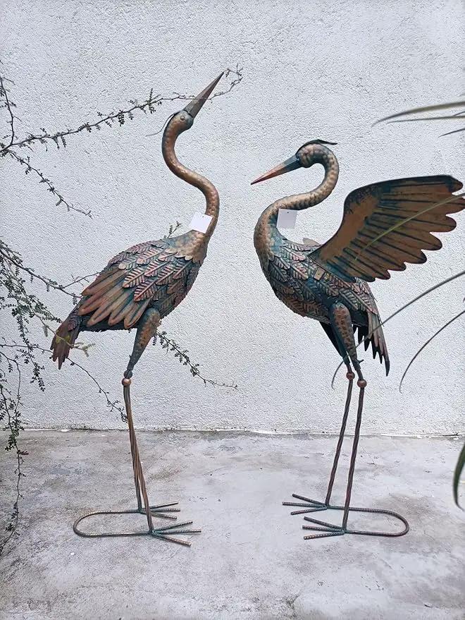 Garden Cranes Statue Retro Animal Sculpture Standing Metal Crane Garden Decoration Metal Yard Art for Yard Outdoor Decoration Set of 2 by GreenHaven Gardens