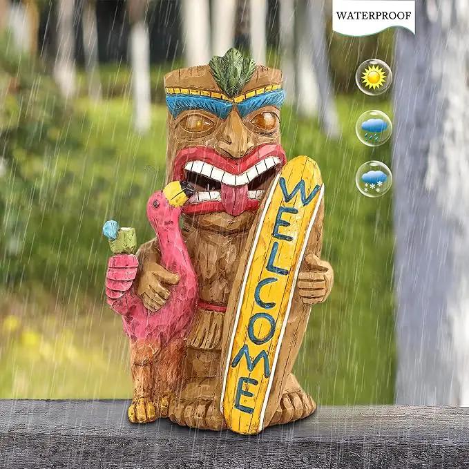 Welcome Tiki Statue with Surfboard Flamingo-Solar Outdoor Decor - Tiki Man with Automatic Switch On Flickering Eyes LED Light for Tiki Bar Decorations, Patio, Balcony, Yard,Lawn,Gifts by GreenHaven Gardens