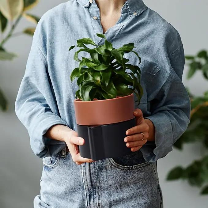 6.5 Inch Self-Watering Planter Pot with Terracotta Insert, Deep Water Reservoir, and Ceramic-Alike BPA-Free Plastic Pot for Plant, Modern Planter for Houseplants, Black/Terracotta, 53-B-S-5 by GreenHaven Gardens