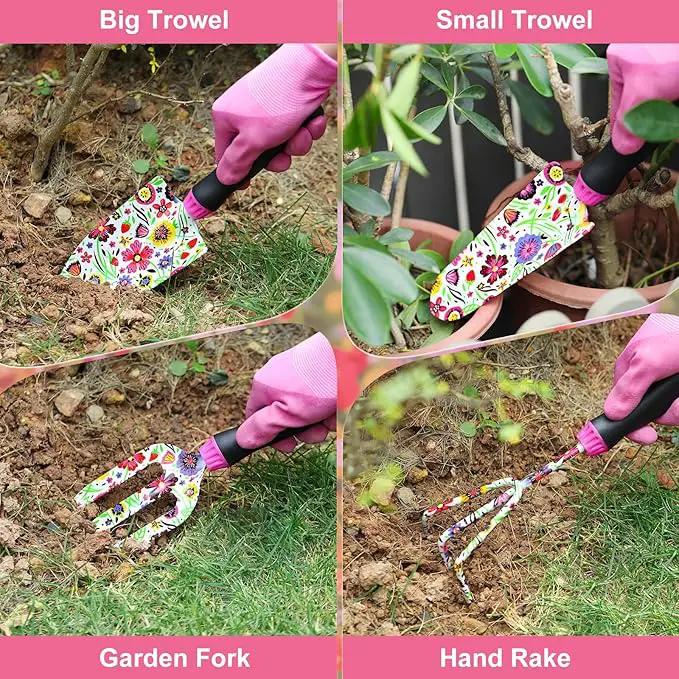 Gardening Tools Set, 10 PCS Stainless Steel Heavy-Duty with Non-slip Soft Rubber Handle with Large Garden Bag, Floral Pattern Gardening Tool Set Gifts for Women Birthday Mother's Day, Pink by GreenHaven Gardens