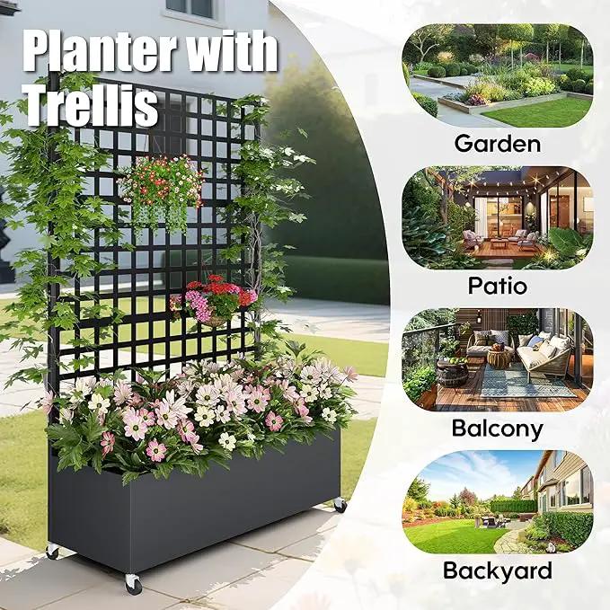 Metal Planter Box with Trellis Privacy Screen, Raised Garden Bed with Lattice Trellis & Wheels, Privacy Planters for Patio, Planter Box for Climbing Plants, Flower, 73"x 47"x 16", Black by GreenHaven Gardens