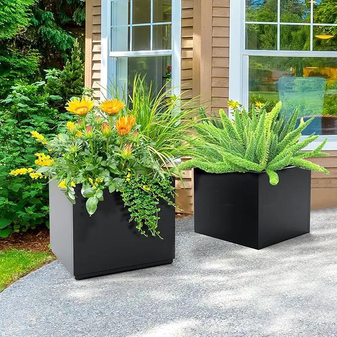 FENCY Large Square Planter 17" L x 17" W x 18" H, Planters for Outdoor Plants, Large Outdoor Planters for Porch Patio, Black Square Planter with Drainage Hole, All-Weather Use Cube Planter by GreenHaven Gardens