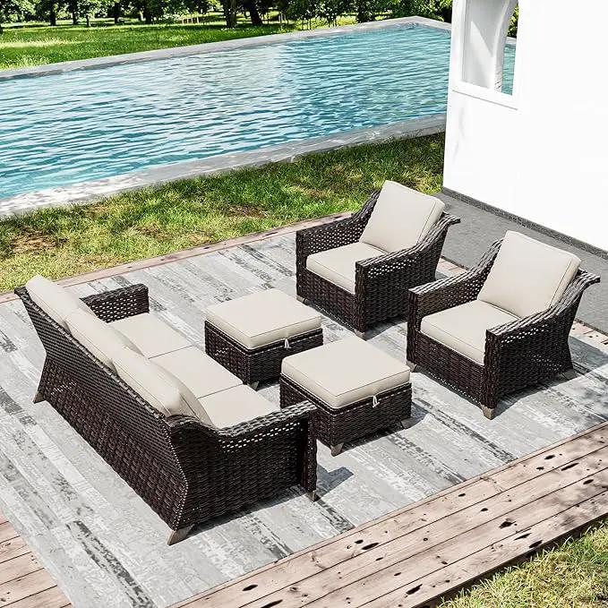 Joyside Wicker Patio Furniture Sets, 5 Pieces Upgraded Large Size Outdoor Furniture with Patio Dining Chairs, 3-Seat Sofa and Outdoor Ottoman, Thick Cushions, Wide Armrest by GreenHaven Gardens