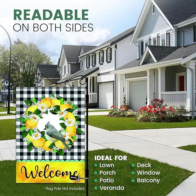 Welcome Garden Flag - 12.5 x 18 Inch Double-Sided Spring Garden Flag - Printed Wreath in Plaid Background Seasonal Outdoor Banner for House Front Yard, Porch, Patio - Suits Standard Poles by GreenHaven Gardens