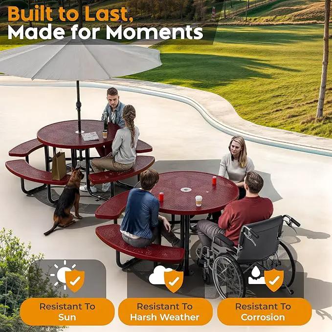Metal Picnic Tables for Outdoors with Umbrella Hole - Coated Steel Heavy Duty Commercial Grade Table with Adjustable Seats (Red, 46 in, Round, Punched Steel) by GreenHaven Gardens