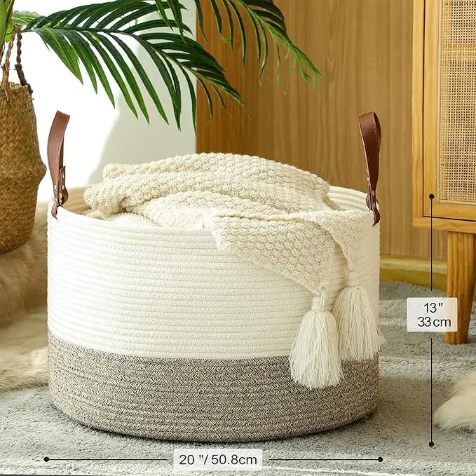 KAKAMAY Large Blanket Basket (20"x13"),Woven Baskets for storage Baby Laundry Hamper,Cotton Rope Blanket Basket for Living Room, Laundry, Nursery, Pillows, Baby Toy chest (White/Beige) by GreenHaven Gardens