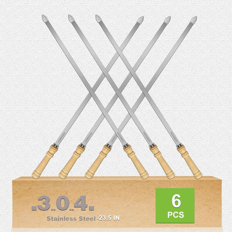 23.5" Long 304 Stainless Steel Skewers for Kabobs with Wood Handle,Heavy Duty Wide Flat Metal Kebab Skewer,Kabob Skewers for Grilling,BBQ Barbecue Skewer Reusable for Outdoor Grill（6 PCS） by GreenHaven Gardens