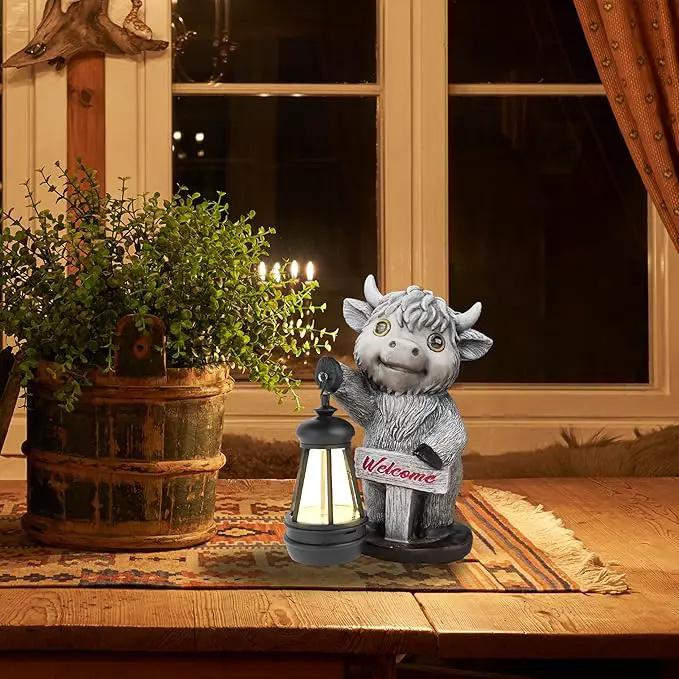Highland Cow Statues with Solar Lights, Highland Cow Resin Figurine Lights, Highland Cow Ornaments for Patio, Balcony, Indoor Decoration and as Gifts by GreenHaven Gardens