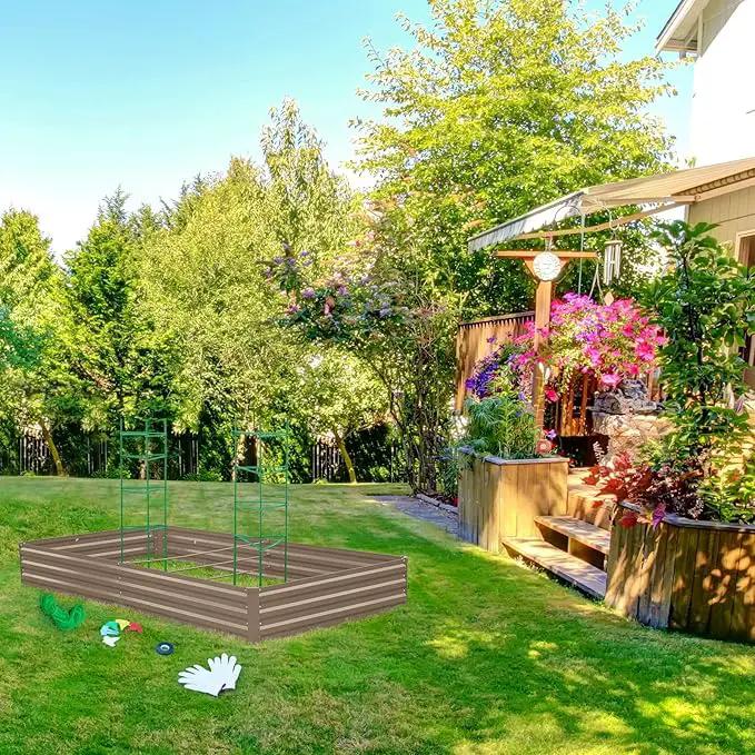ONCEMORE Galvanized Raised Garden Bed for Vegetables Flowers Herbs, Metal Raised Garden Bed Kit with 2 PCS Tomato Cage, Gloves, Trellis Netting, Plant Labels, Plant Ties, Brown 8×4×1FT by GreenHaven Gardens