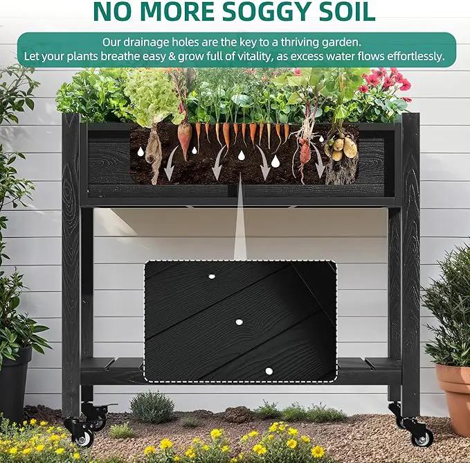 YITAHOME Raised Garden Bed, HIPS Poly Wood Elevated Planter Box with Shelf & Wheels for Mobility, Small Flower Box Stand for Patio Balcony Garden Backyard, Black by GreenHaven Gardens
